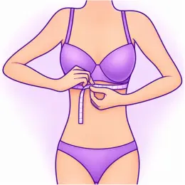 Woman measuring band size by wrapping a tape measure snugly around her ribcage just under her bust to find bra band size