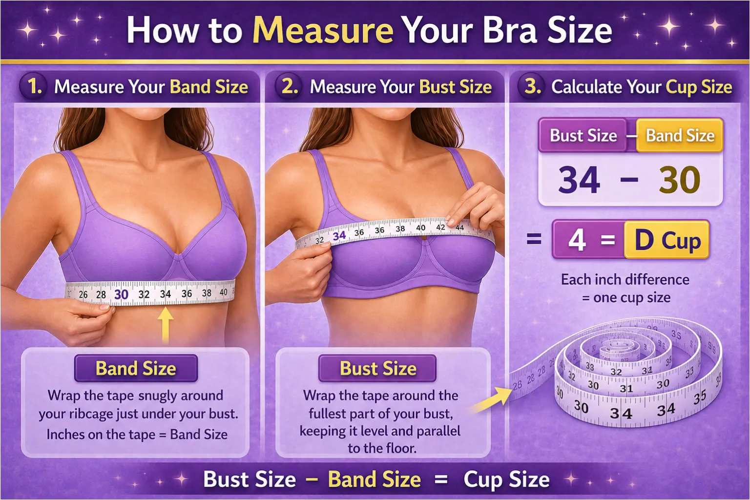 Home 3 Infographic showing how to measure bra size in three steps: measure band size, measure bust size, and calculate cup size.